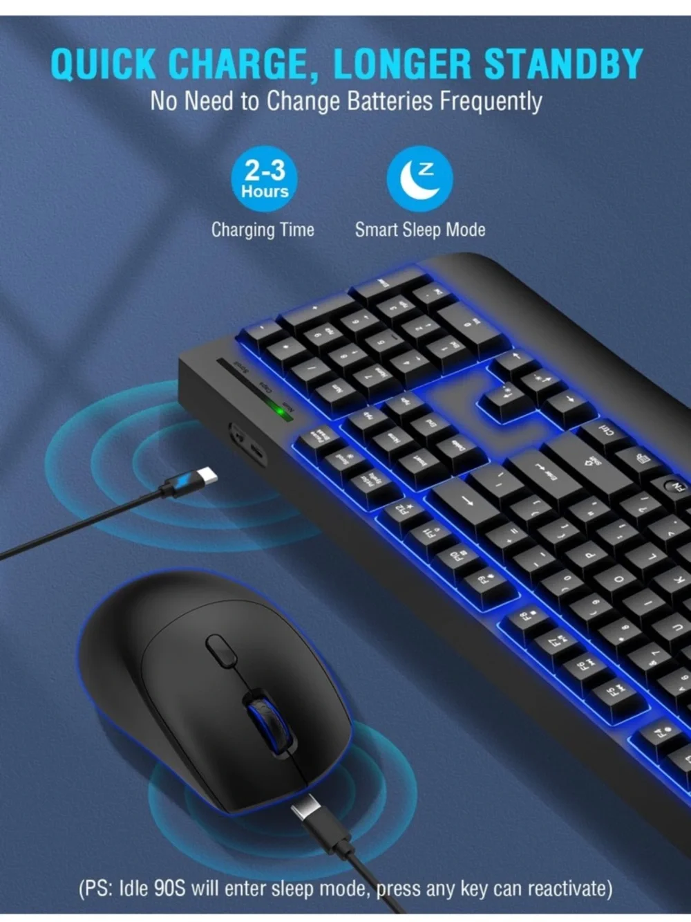 Wireless Keyboard and Mouse combo 7 backlit effect wrist rest sleep mode